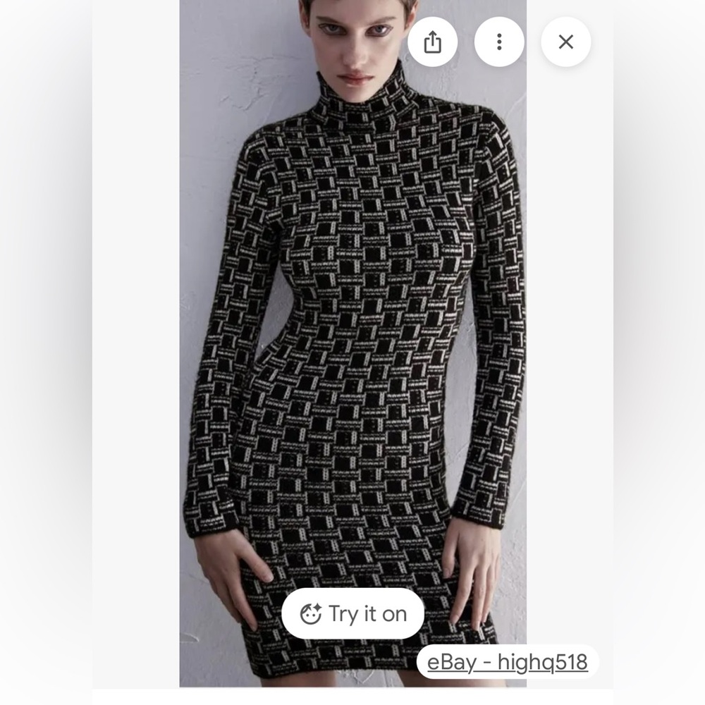 Zara Stretchy Black and White Patterned Sweater Dress Sz S